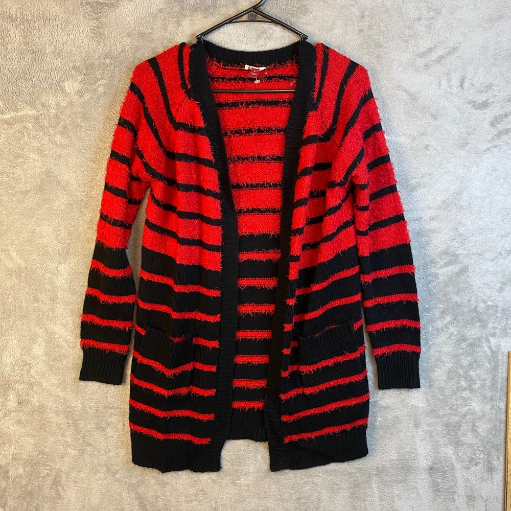 lei Cardigan Women S Striped Red Black Eyelash Knit EUC
